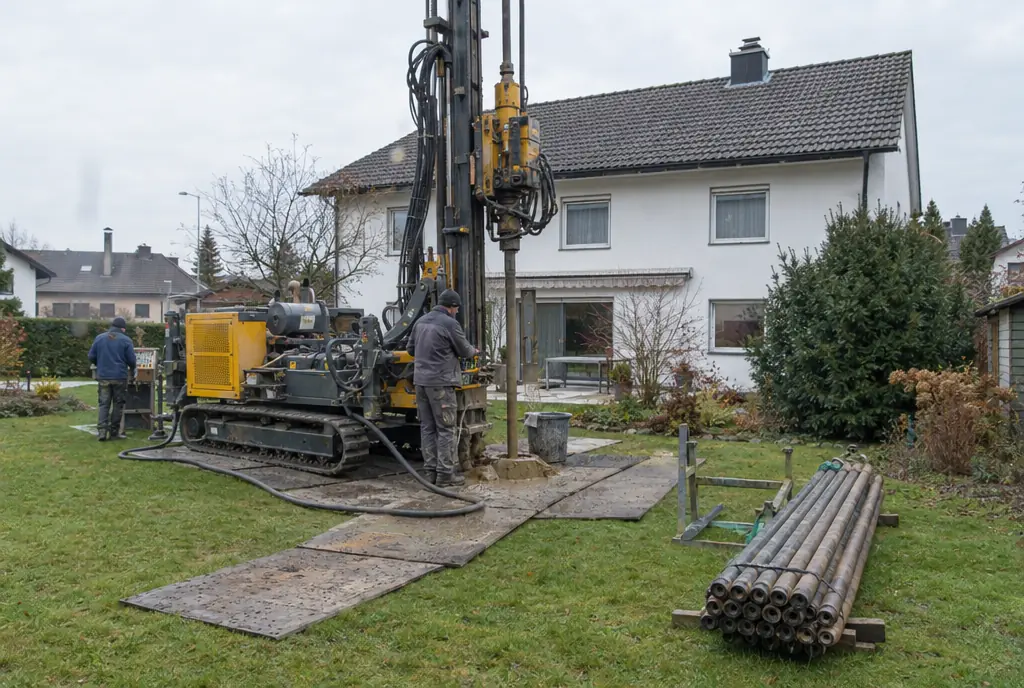 Erdwärmepumpe in München, Bohrung für eine Erdwärmesonde im Garten eines Einfamilienhauses