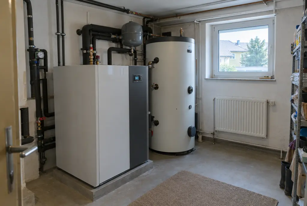 Sole-Wasser-Wärmepumpe mit Warmwasserspeicher im Technikraum eines Hauses in München