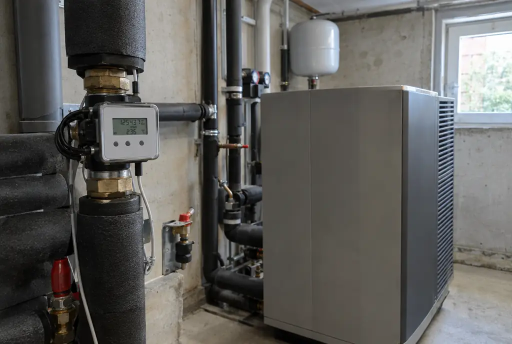 Wärmepumpe mit Wärmemengenzähler im Technikraum, Nachweis für die BEG-Förderung in München