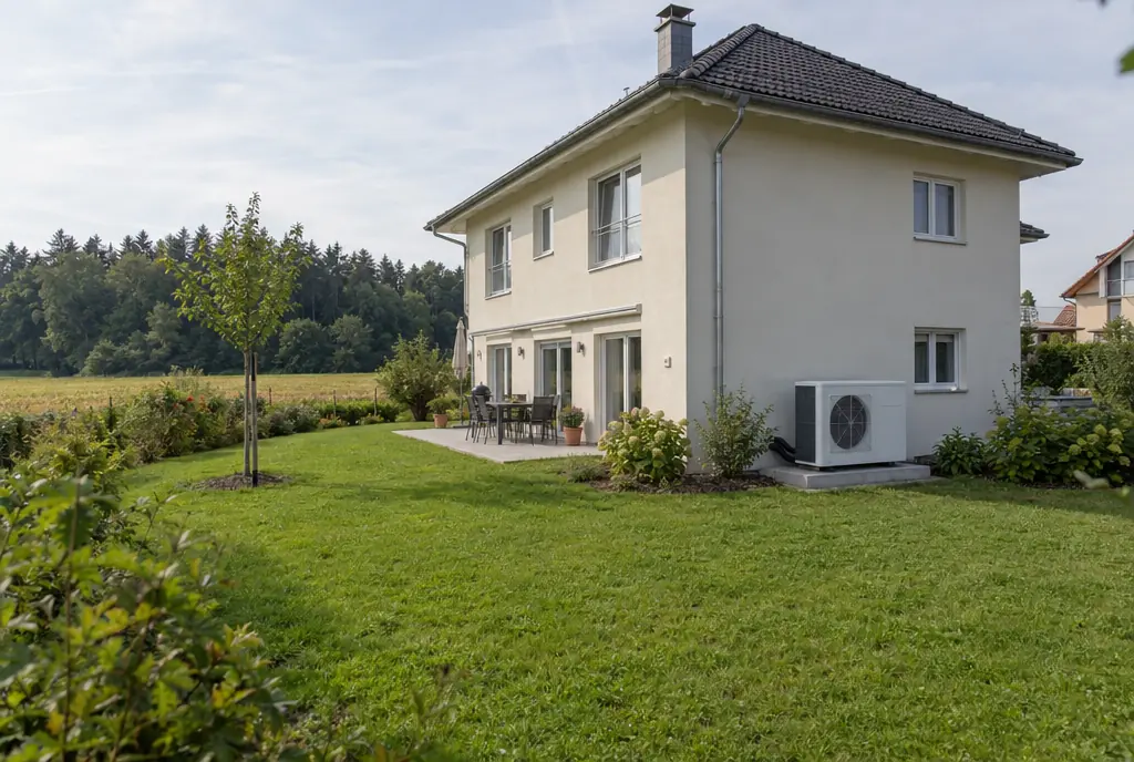 Visualisierung: Luft-Wasser-Wärmepumpe im Garten eines Einfamilienhauses in Grasbrunn