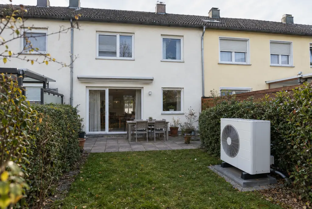 Visualisierung: Außeneinheit einer Wärmepumpe im Garten eines Reihenmittelhauses in Haar