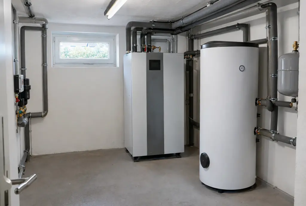 Heizungstausch Öl und Gas in München: Wärmepumpe und Speicher im früheren Heizraum eines Einfamilienhauses