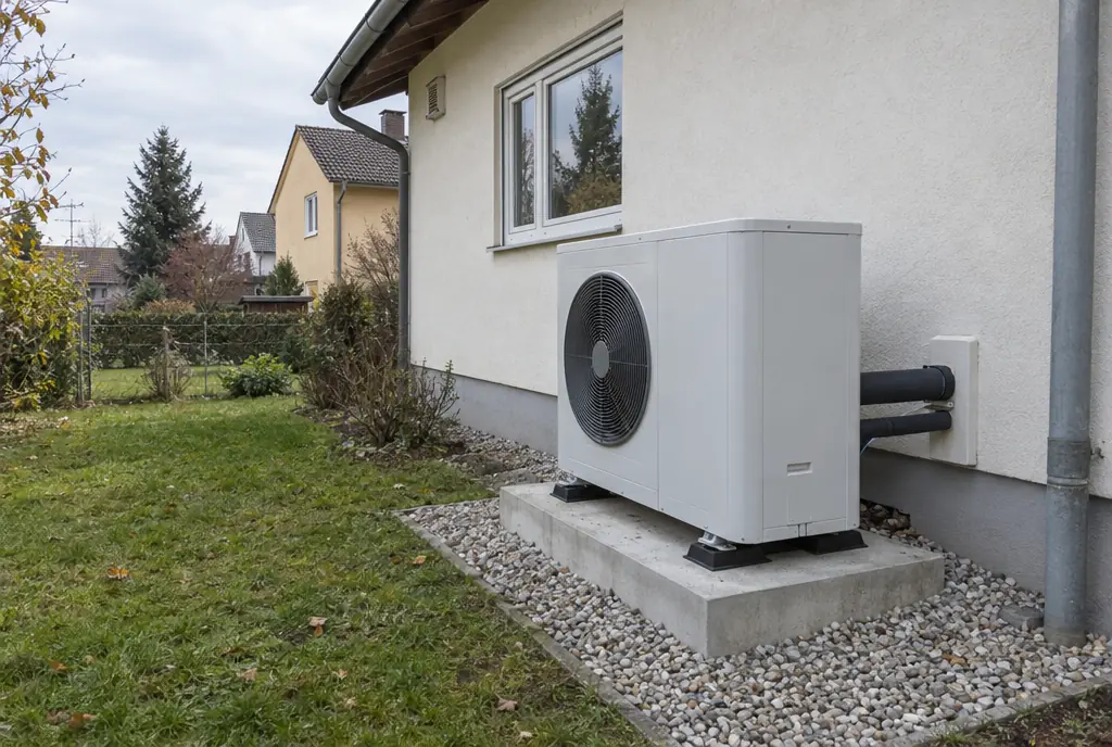 Außeneinheit einer Wärmepumpe nach dem Heizungstausch an einem Einfamilienhaus im Münchner Osten