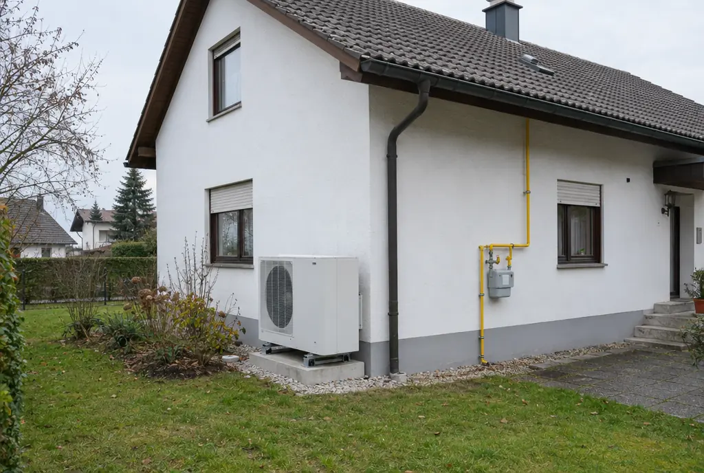 Hybridheizung in München: Außeneinheit der Wärmepumpe vor einem Einfamilienhaus mit Gasanschluss