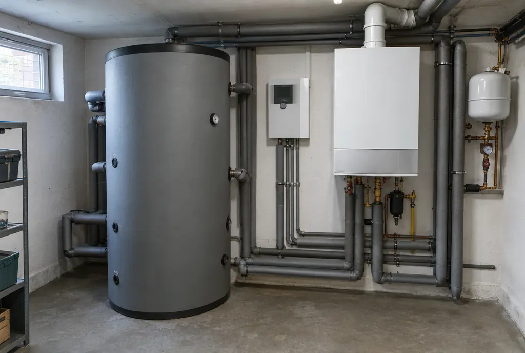 Hybridheizung München: Pufferspeicher, Wärmepumpenregler und Brennwertkessel im Heizungskeller