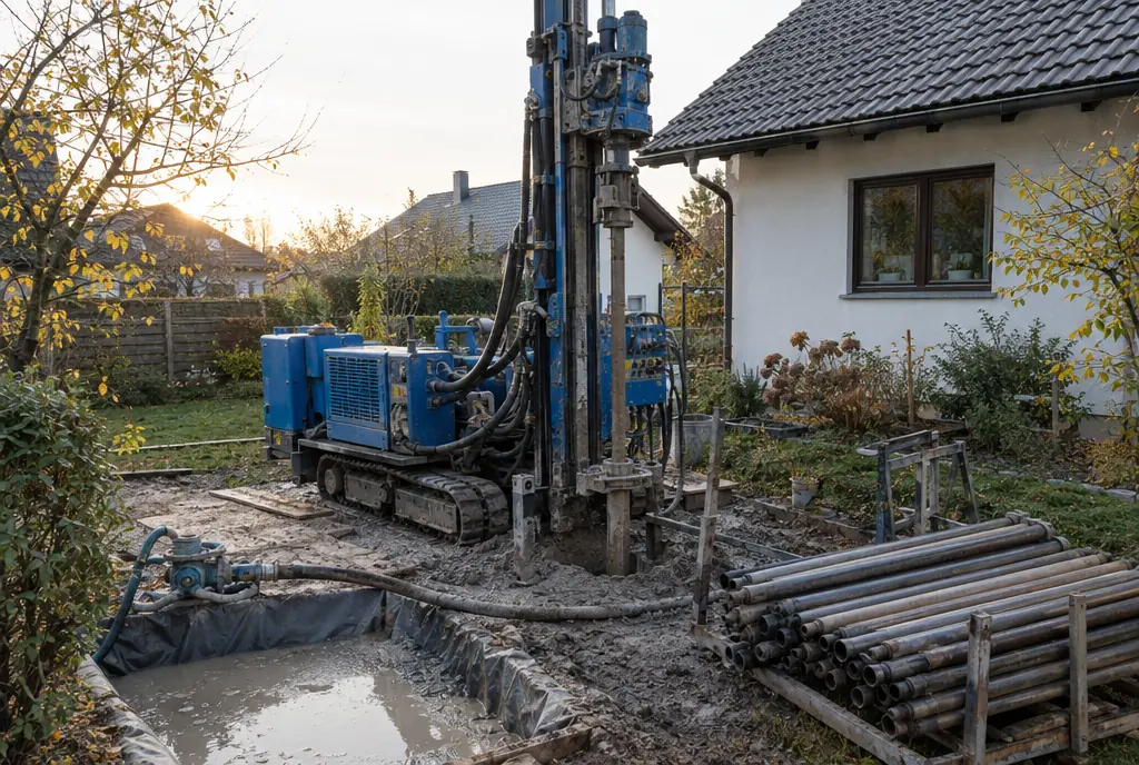 Bohrgerät für eine Erdwärmesonde im Garten eines Hauses im Münchner Osten