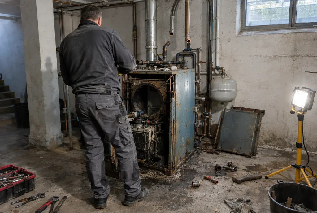 Ausbau eines alten Ölkessels vor dem Einbau einer Wärmepumpe