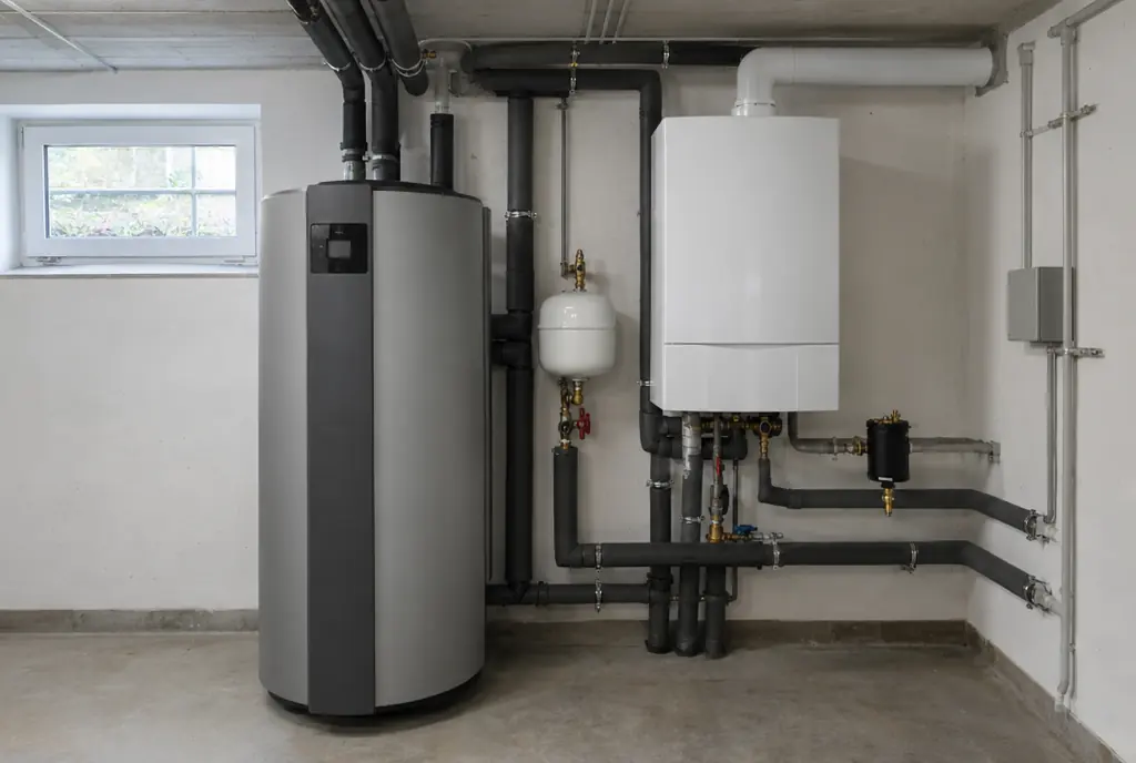 Wärmepumpe und Gas-Brennwertkessel nebeneinander im Heizungskeller