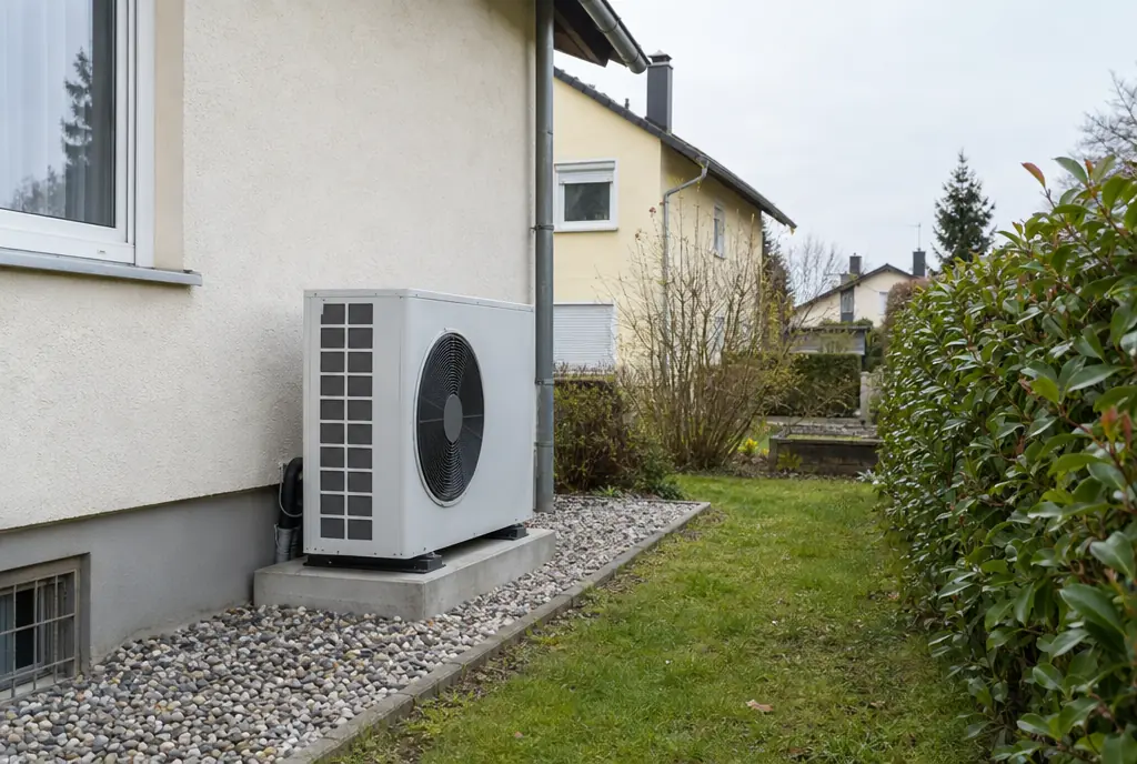 Außeneinheit einer Luft-Wasser-Wärmepumpe auf Betonsockel an einem Einfamilienhaus in München