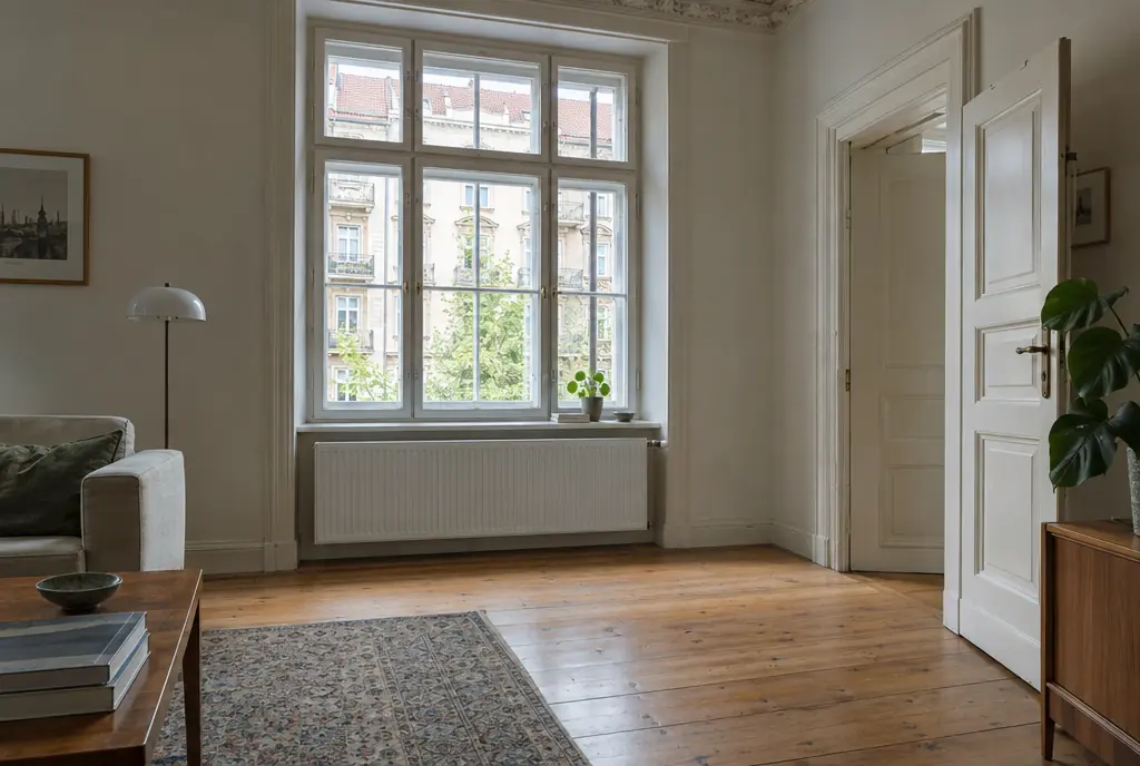 Größerer Plattenheizkörper unter dem Fenster eines Altbaus in München