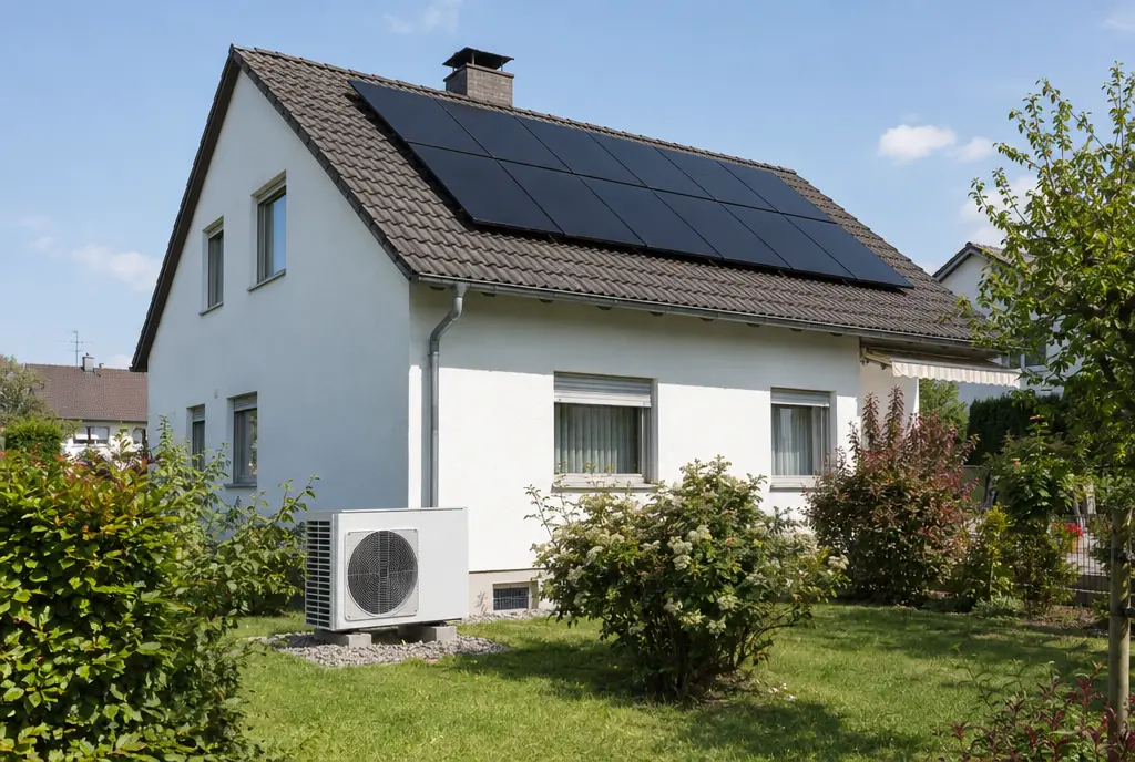 Photovoltaikanlage auf dem Dach eines Hauses mit Wärmepumpe im Garten