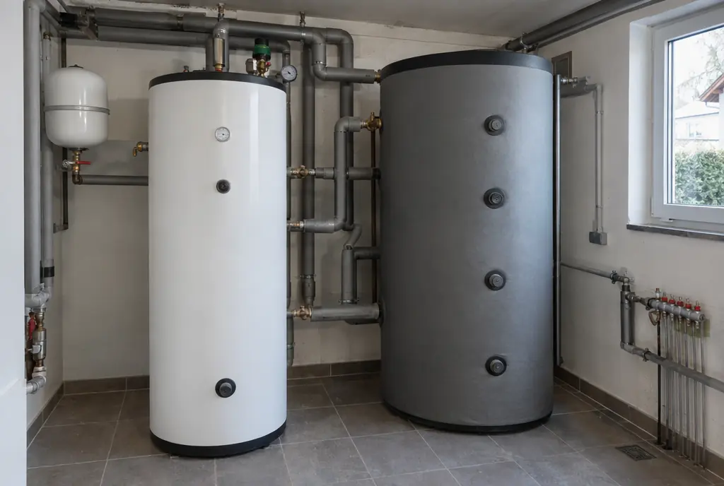 Trinkwasserspeicher und Pufferspeicher im Technikraum eines Einfamilienhauses