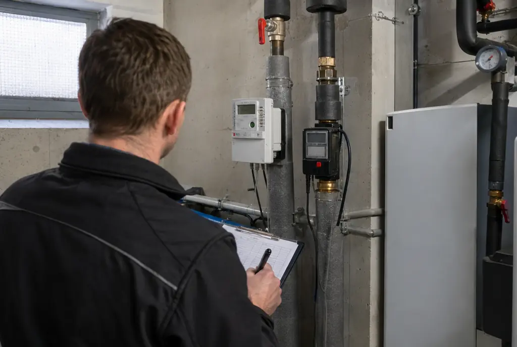 Techniker liest Strom- und Wärmemengenzähler einer Wärmepumpe ab