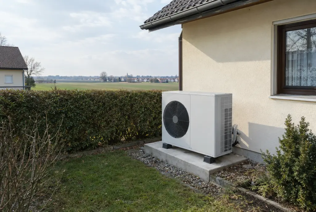 Visualisierung: Luft-Wasser-Wärmepumpe im Garten eines Einfamilienhauses der 1980er in Kirchheim b. München