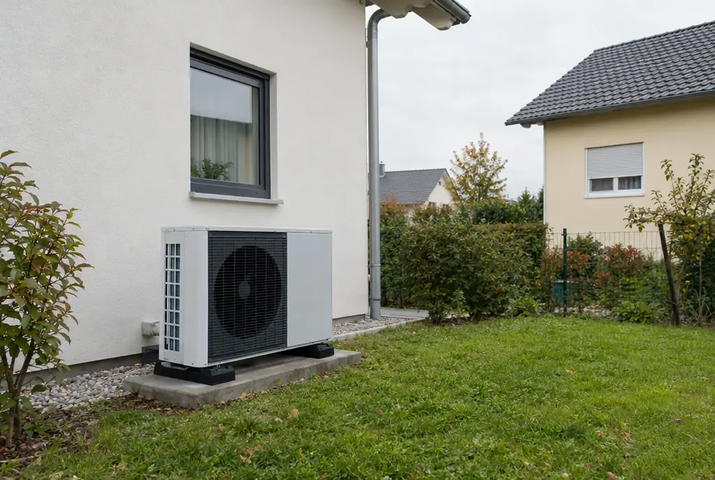 Außeneinheit einer Luft-Wasser-Wärmepumpe frei vor einer Hauswand in München, Schallschutz durch Abstand zum Nachbarfenster