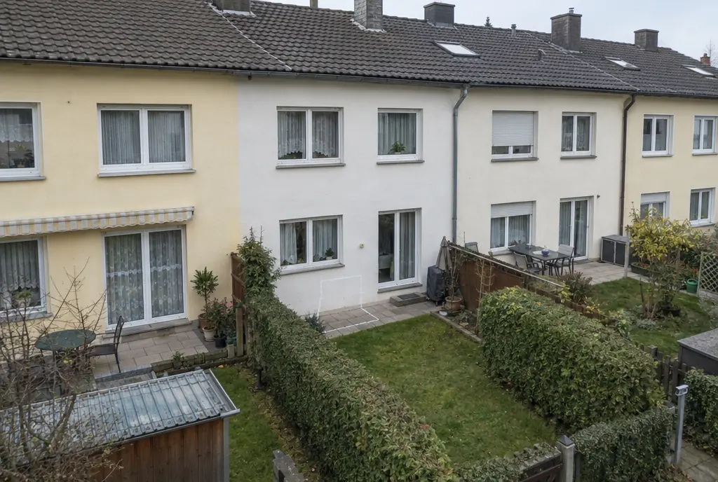 Reihenhausgärten in München mit nahen Nachbarfenstern, Stellplatzwahl für eine leise Wärmepumpe