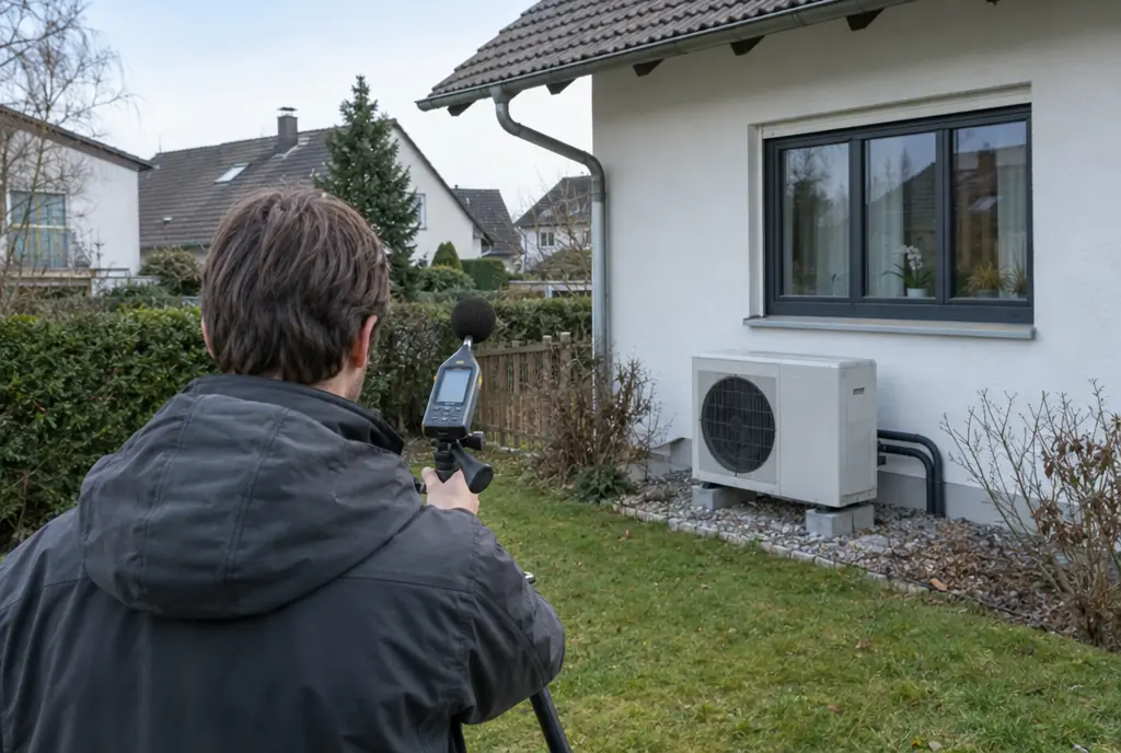 Schallmessung vor dem Nachbarfenster bei einer Luft-Wasser-Wärmepumpe in München