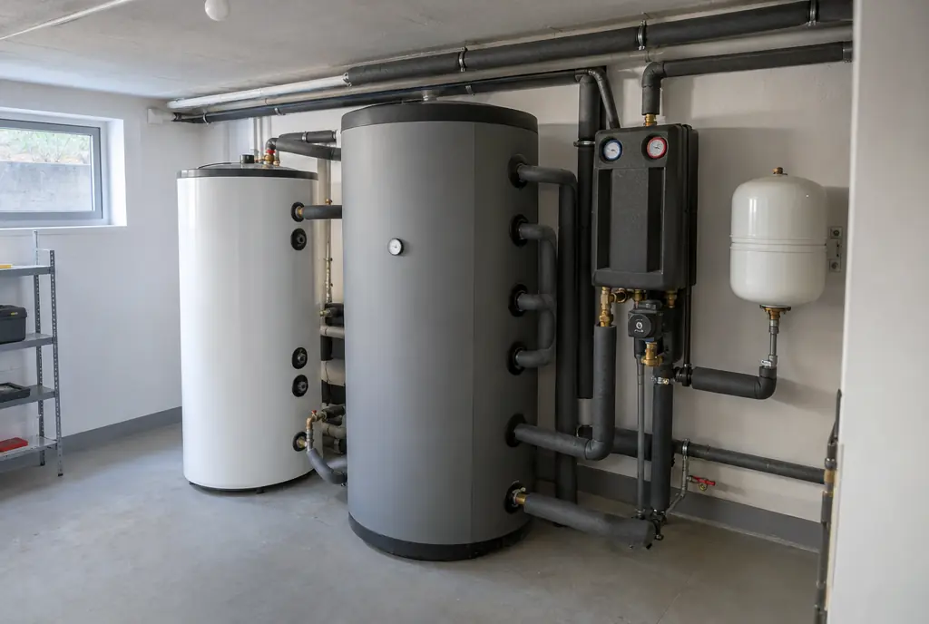 Technikraum mit Warmwasserspeicher und Pufferspeicher einer Luft-Wasser-Wärmepumpe in München
