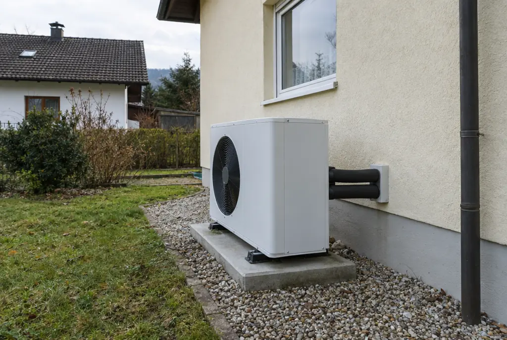 Monoblock-Außengerät einer Luft-Wasser-Wärmepumpe mit gedämmten Heizungsleitungen an einem Einfamilienhaus in München
