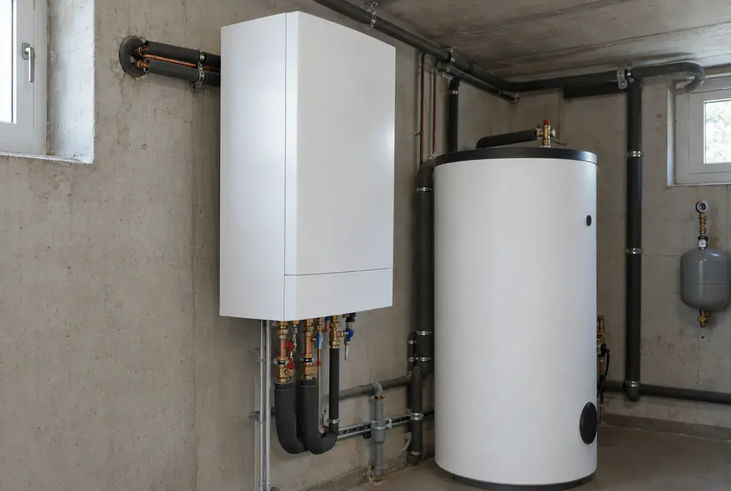 Inneneinheit einer Split-Wärmepumpe mit Kältemittelleitungen im Technikraum eines Münchner Hauses
