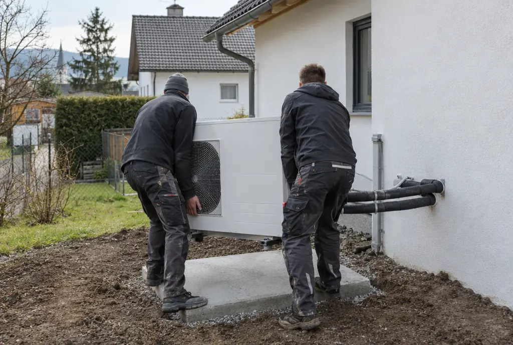 Montage der Außeneinheit und Anschluss der Hydraulik einer Wärmepumpe