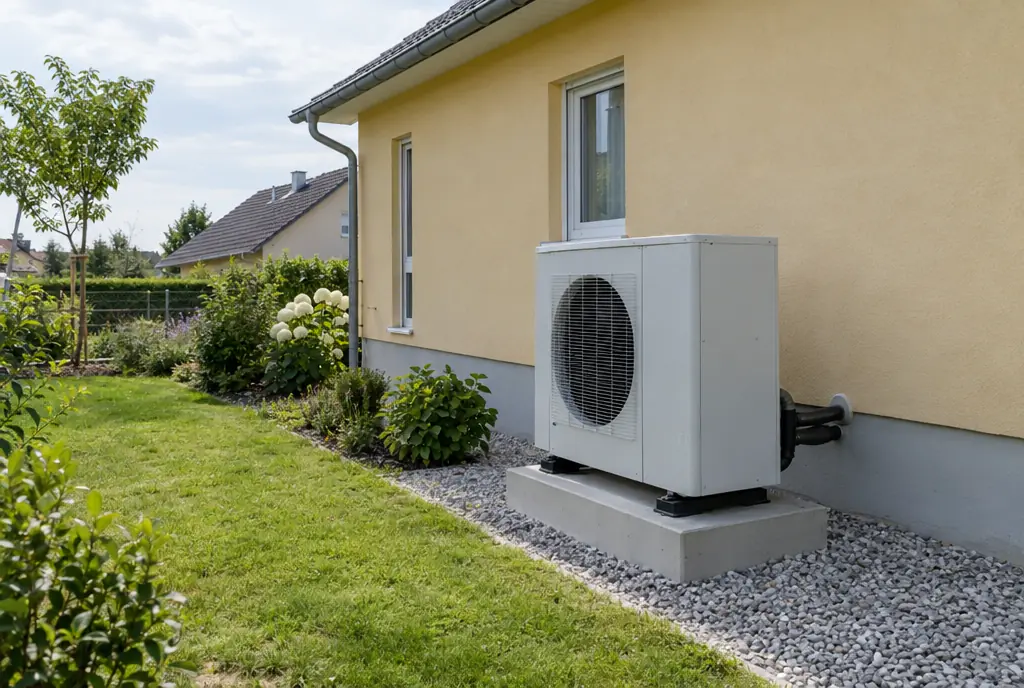 Visualisierung: Außeneinheit einer Luft-Wasser-Wärmepumpe auf einem Fundament neben einem Einfamilienhaus im Münchner Osten