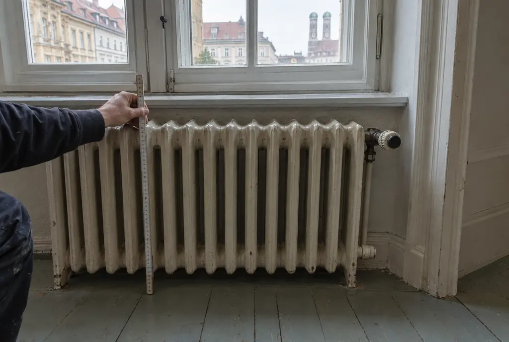 Alter Rippenheizkörper unter einem Sprossenfenster in einem Münchner Altbau, Prüfung für den Umstieg auf eine Wärmepumpe
