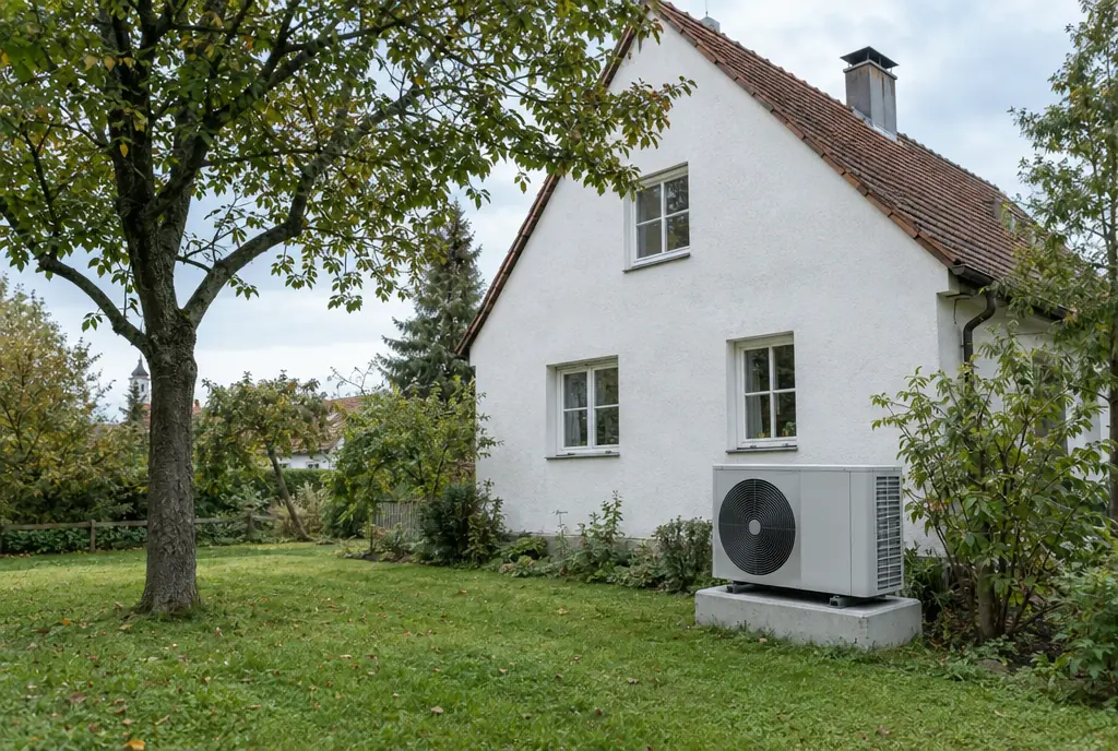 Außeneinheit einer Luft-Wasser-Wärmepumpe auf Betonsockel im Garten eines Münchner Altbaus mit Satteldach