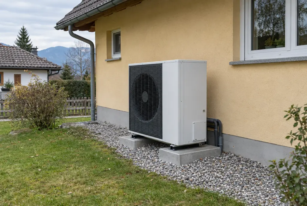 Außeneinheit einer Luft-Wasser-Wärmepumpe auf Streifenfundament an einem Einfamilienhaus in München