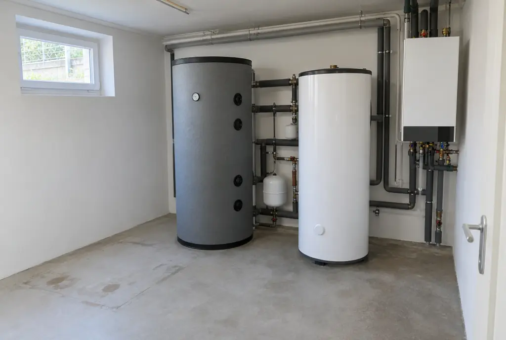 Technikraum mit Pufferspeicher und Warmwasserspeicher nach dem Tausch einer Ölheizung gegen eine Wärmepumpe in München