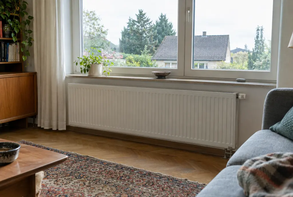 Wärmepumpe mit Heizkörpern in München, größerer Plattenheizkörper unter dem Fenster eines Bestandshauses
