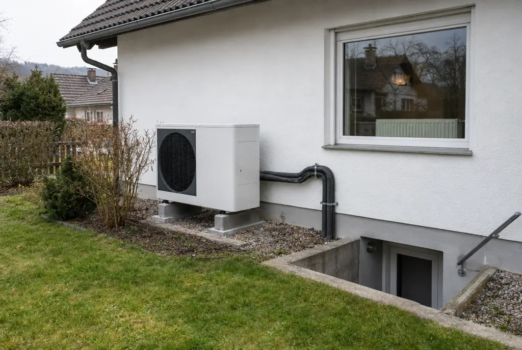 Außeneinheit einer Wärmepumpe an einem Einfamilienhaus in München, Leitungen zum Heizungsraum mit vorhandenen Heizkörpern