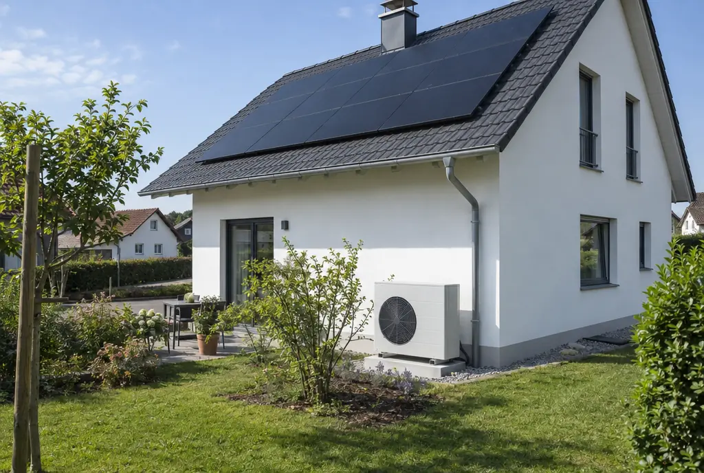 Wärmepumpe mit Photovoltaik in München, Außeneinheit vor einem Einfamilienhaus mit Solarmodulen auf dem Dach