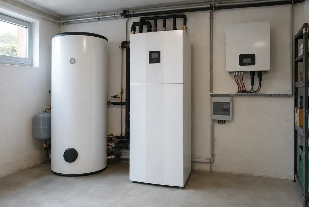 Technikraum mit Wärmepumpen-Inneneinheit, Warmwasserspeicher und PV-Wechselrichter in einem Münchner Einfamilienhaus