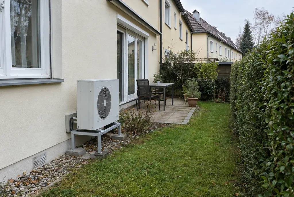 Wärmepumpe im Reihenhaus in München: Außeneinheit auf Bodenkonsole im schmalen Garten neben der Terrasse