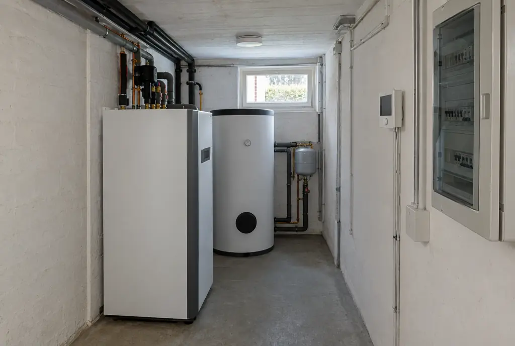 Wärmepumpe im Reihenhaus: Speicher, Regelung und Zähler im schmalen Kellerraum eines Münchner Reihenhauses