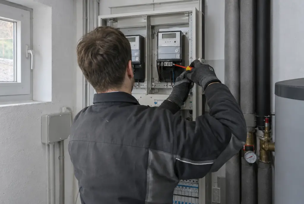Elektriker setzt zweiten Zähler für den Wärmepumpenstrom-Tarif in einem Haus in München