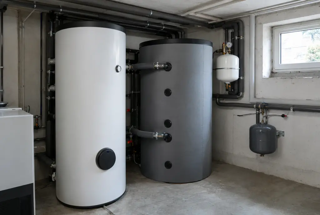 Warmwasserspeicher und Pufferspeicher einer Wärmepumpe im Heizungskeller eines Münchner Einfamilienhauses
