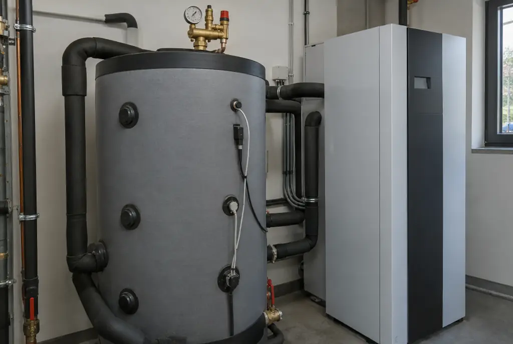 Gedämmter Pufferspeicher mit Sicherheitsgruppe und Fühlern neben einer Wärmepumpen-Inneneinheit in München