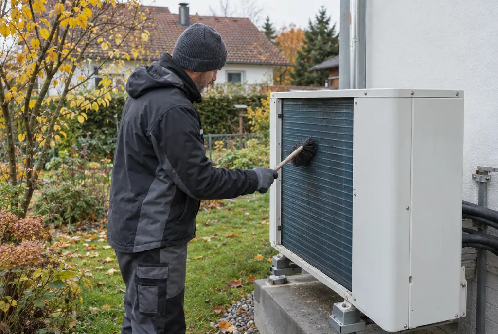 Wartung und Service in München: Fachkraft reinigt die Verdampferlamellen an der Außeneinheit einer Luft-Wasser-Wärmepumpe
