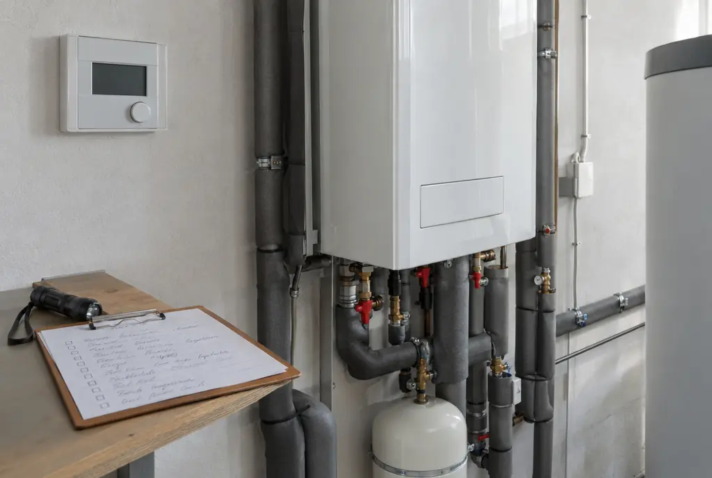 Wartung und Service in München: Prüfprotokoll mit Zählerständen und Verdichterstarts neben dem Regler einer Wärmepumpe im Technikraum